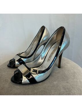 Luciano Padovan metallic silver snake embossed black trim high heels 39 leather